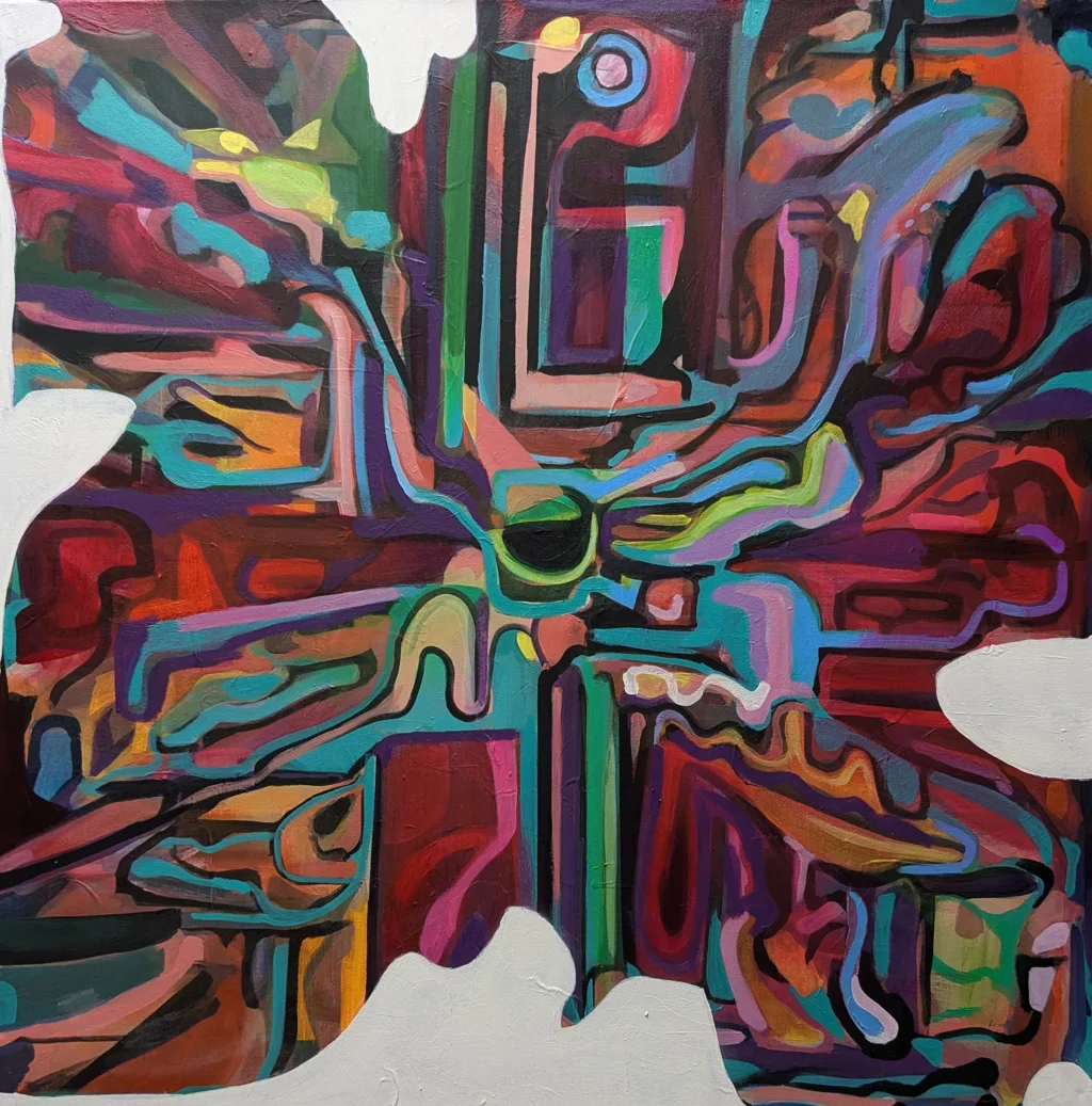 This one doesn't sit still. Rumblefish is a full-surface tangle of interlocking shapes — thick black outlines holding