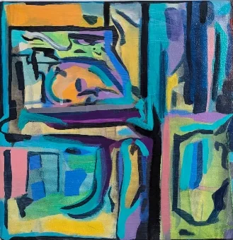 Small, bright, and built like a mosaic. Modern Abstract Canvas Art breaks a square surface into a grid of chunky blocks