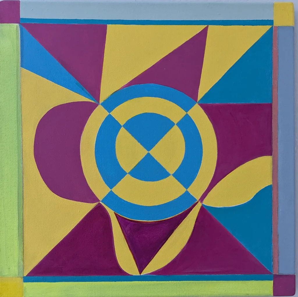 Concentric circles anchor the center of this canvas, cut into alternating wedges of sky blue and gold. The geometry