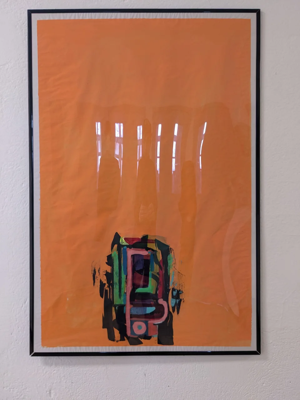 This piece is mostly empty space on purpose. A wide field of flat orange vellum fills the frame, and near the bottom