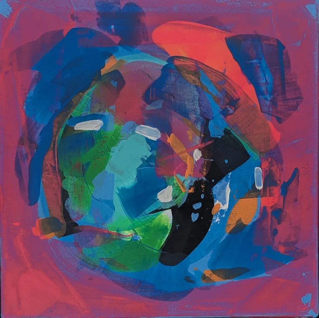 Color covers the whole surface in a big, circling composition. Deep blue and a hot red-pink sweep across the ground in
