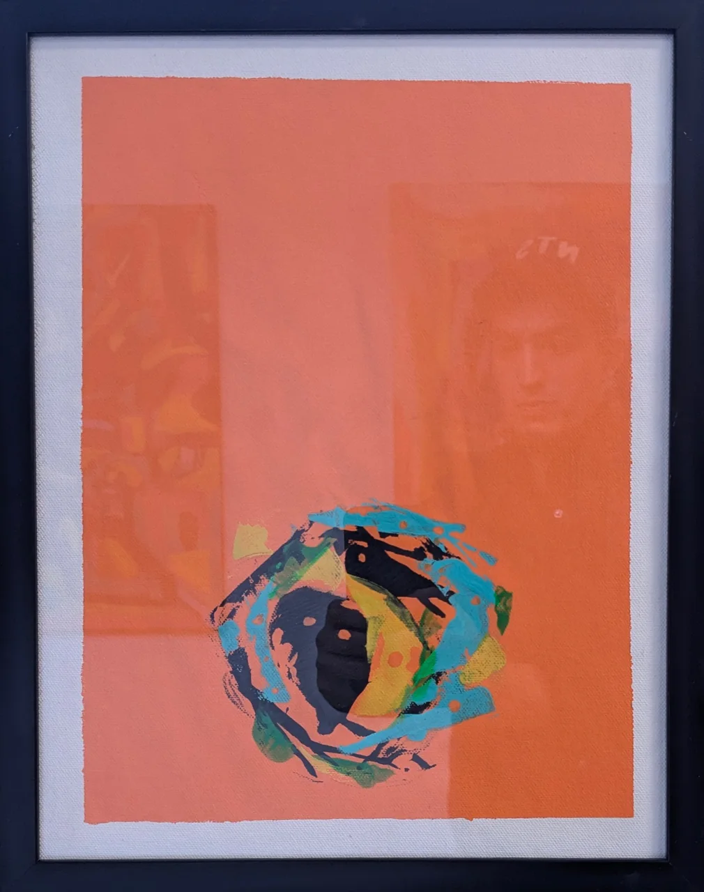 The ground is a flat, warm orange filling nearly the whole framed field. Low in the composition sits a roundish knot of