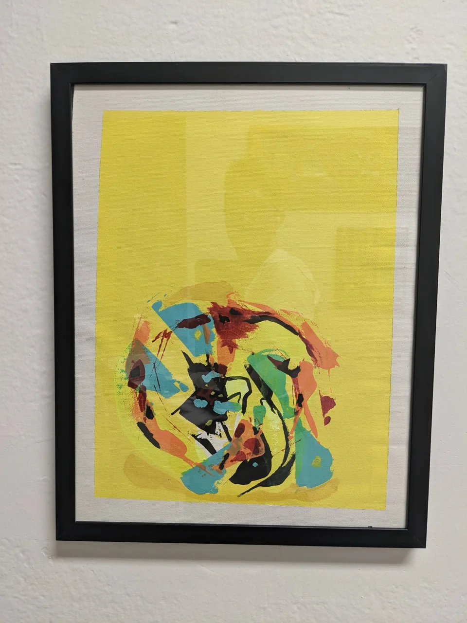 A bright yellow ground fills the framed field, edge to edge, with one roundish burst of paint sitting low at the