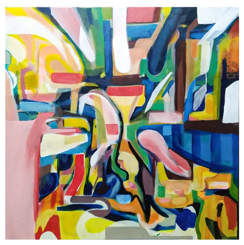 The print runs edge to edge with no margin — a dense, busy field of interlocking shapes. Yellow arcs sweep across the