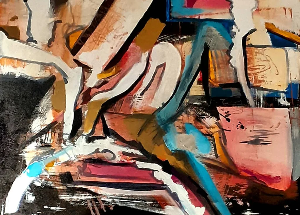 Diagonal white ribbons cut across a dark field, thick and curving, like broad brushstrokes frozen mid-sweep. Behind and