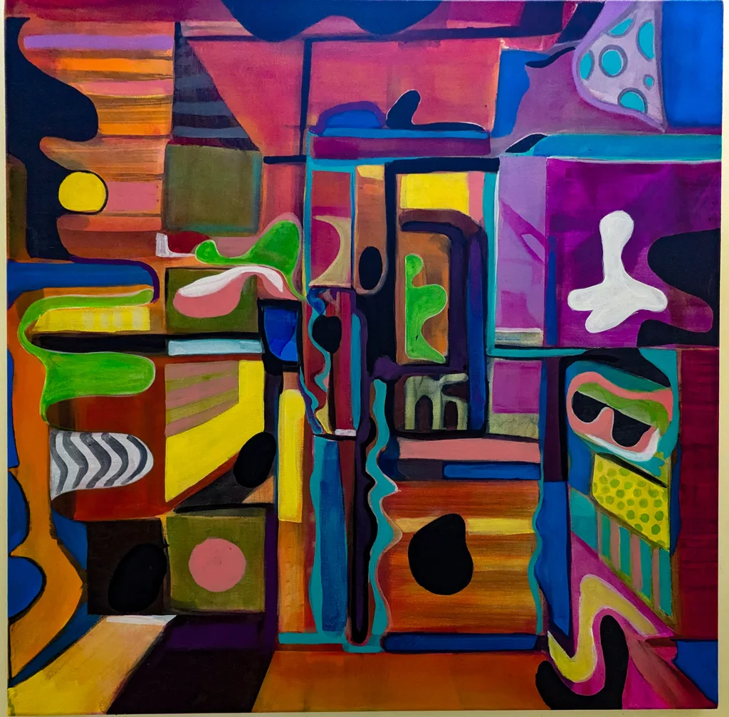 Density is the subject here. Vivid Geometric Abstract Painting packs a square canvas with dozens of small events: a