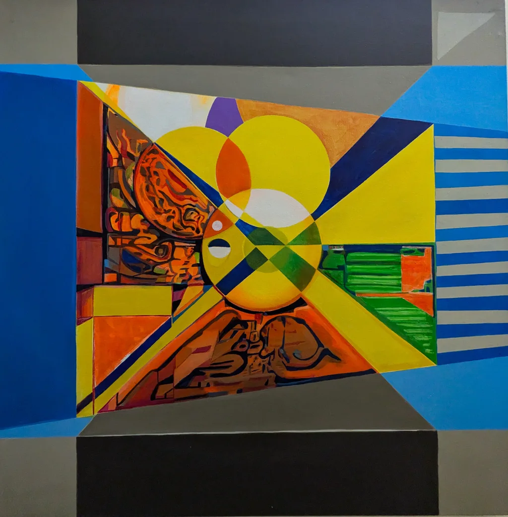 The geometry here is bolder and more graphic than the others. Geometric Abstract Canvas centers on two large