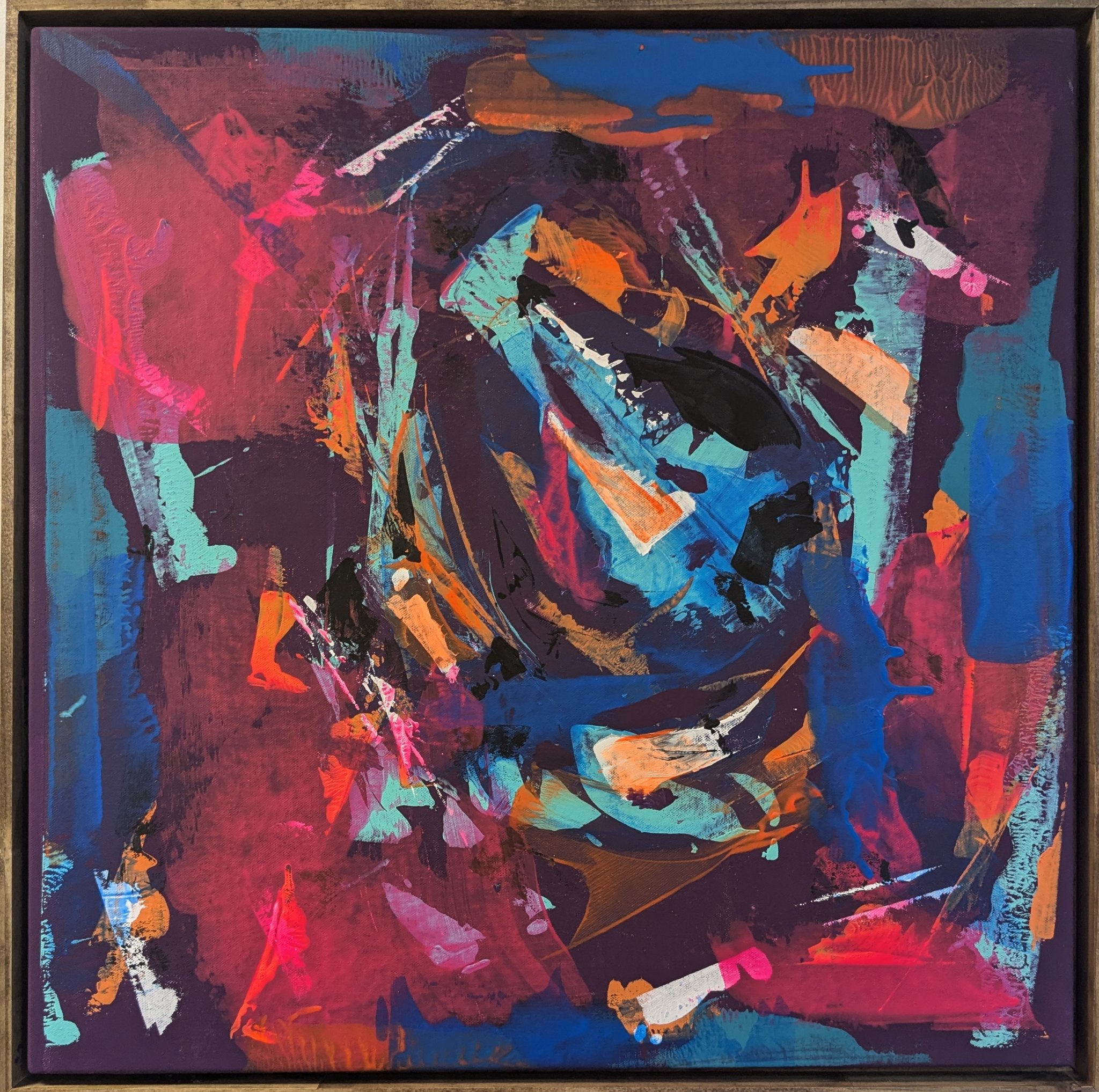 New gestural abstract painting by Jordan Dolman in magenta, purple, blue and orange